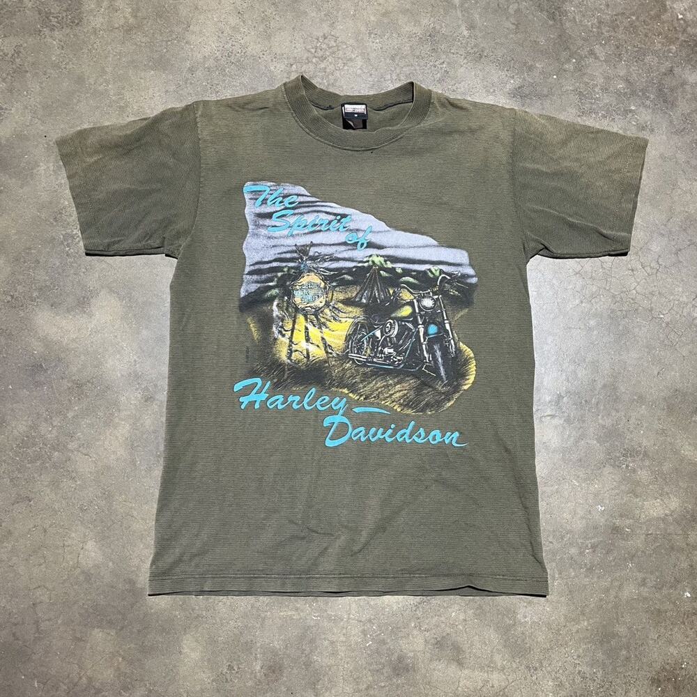Vintage 90s Harley Davidson Green Motorcycle Grunge T-Shirt